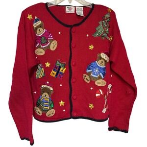 Nutcracker Red Christmas Sweater Teddy‎ Bear Tree Candy Cane Cardigan Small